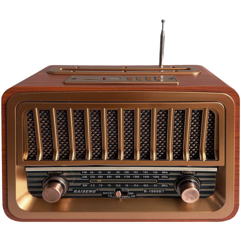 Портативное радио в винтажном ретро стиле AM/FM/SW, с аккумулятором, Bluetooth, USB-зарядкой RAISENG R-1968BT Gold Wood Портативное радио в винтажном ретро стиле AM/FM/SW, с аккумулятором, Bluetooth, USB-зарядкой RAISENG R-1968BT Gold Wood