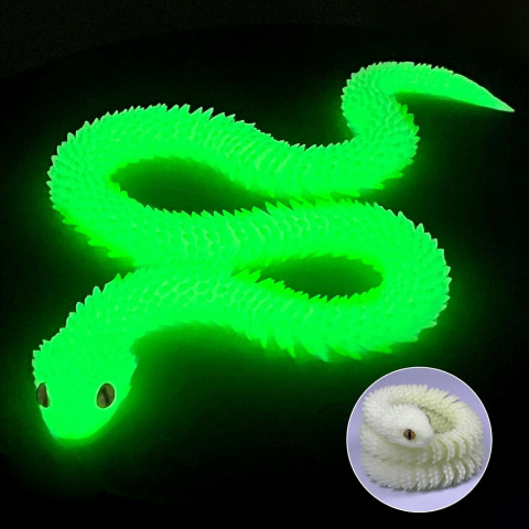 Игрушка антистресс 3D-печатная подвижная Змея - декоративная фигурка из PLA, (светятся в темноте) 30 см Белая