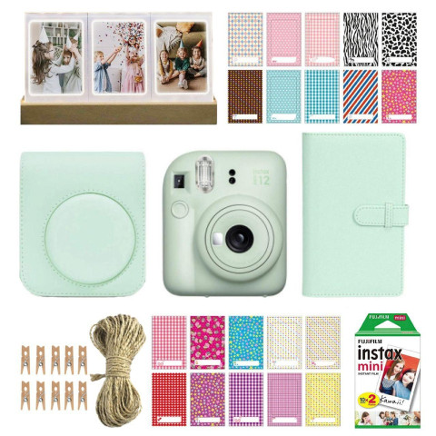 Набір камера моментального друку Fujifilm Instax Mini 12 Green + чохол + фотоплівка 20 шт + фотоальбом 108 + наклейки 20 шт + фоторамка 3в1