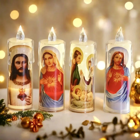 Набір із 4 релігійних LED-свічок, святі художні дизайни з Ісусом, Марією та ангелами, на батарейках