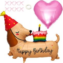 Набір фольгованих повітряних кульок Такса Happy Birthday з серцем і бантиками Набір фольгованих повітряних кульок Такса Happy Birthday з серцем і бантиками