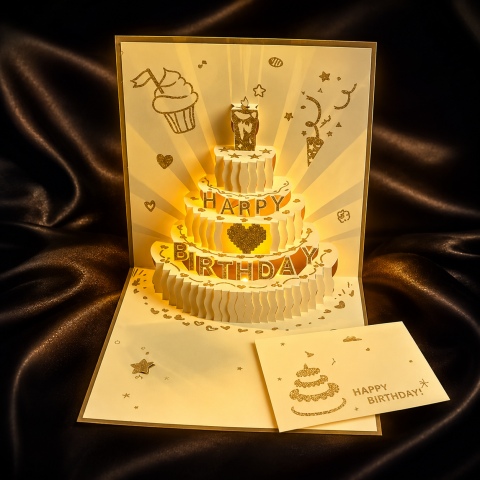 Музична вітальна листівка «Happy Birthday» з об'ємним тортом усередині та підсвічуванням. Музична вітальна листівка «Happy Birthday» з об'ємним тортом усередині та підсвічуванням.