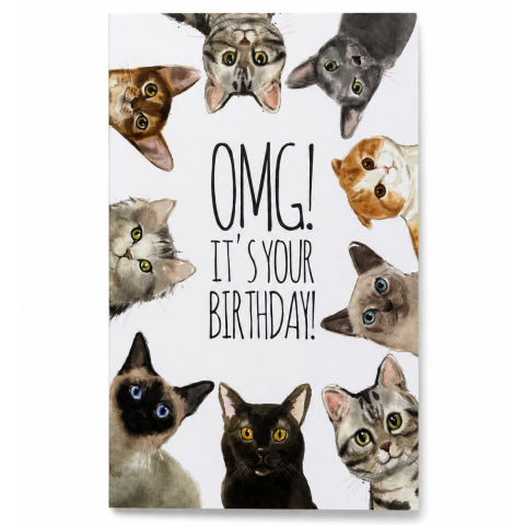 Открытка мини, поздравительная открытка «OMG! It’s Your Birthday» с котиками Открытка мини, поздравительная открытка «OMG! It’s Your Birthday» с котиками