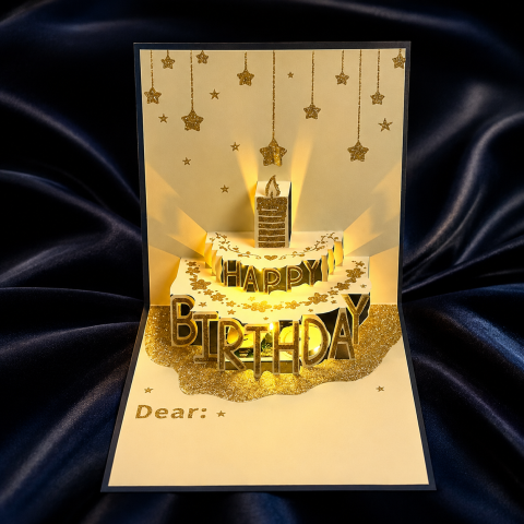 Музична вітальна листівка «Happy Birthday» з об'ємним тортом усередині та підсвічуванням, Синій Музична вітальна листівка «Happy Birthday» з об'ємним тортом усередині та підсвічуванням, Синій