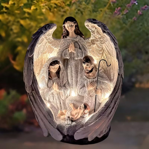 Статуэтка «Рождественское чудо» — Ангел, Мария, Иосиф и Младенец Иисус с LED-подсветкой, с солнечной батареей