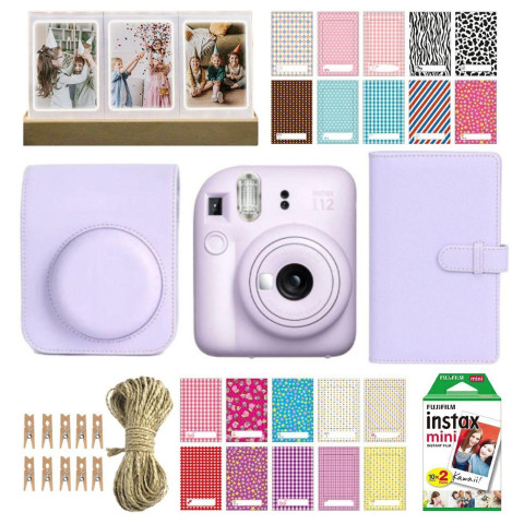 Набор камера моментальной печати Fujifilm Instax Mini 12 Purple + чехол + фотопленка 20 шт + фотоальбом 108 + наклейки 20 шт + фоторамка 3в1