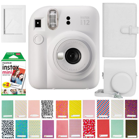 Набор камера моментальной печати Fujifilm Instax Mini 12 White + чехол + фотопленка 20 шт + фотоальбом 108 + наклейки 20 шт + фоторамка