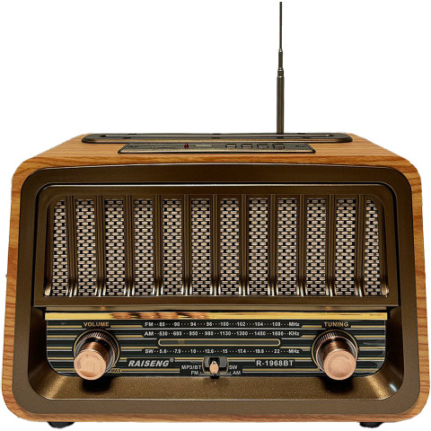 Портативное радио в винтажном ретро стиле AM/FM/SW, с аккумулятором, Bluetooth, USB-зарядкой RAISENG R-1969BT Brown Wood Портативное радио в винтажном ретро стиле AM/FM/SW, с аккумулятором, Bluetooth, USB-зарядкой RAISENG R-1969BT Brown Wood
