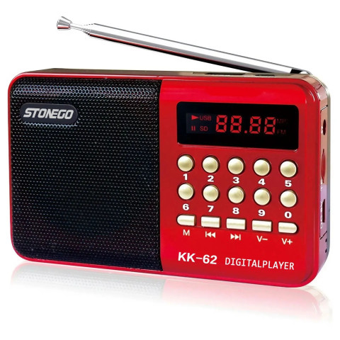 Радіоприймач цифровий STONEGO з акумулятором FM/LED-дисплей/MP3-плеєр/USB-рекордер Red