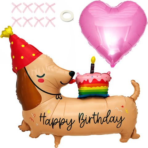 Набор фольгированных воздушных шаров Такса Happy Birthday с сердцем и бантиками Набор фольгированных воздушных шаров Такса Happy Birthday с сердцем и бантиками