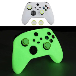 Силіконовий чохол для контролера геймпада Xbox Series X/S, з накладками на стик (2шт), світиться в темряві, Білий/Зелений Силіконовий чохол для контролера геймпада Xbox Series X/S, з накладками на стик (2шт), світиться в темряві, Білий/Зелений