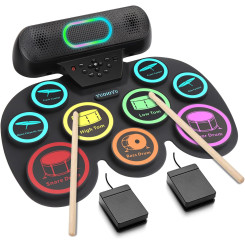 Электронная барабанная установка 9 pads с двойным встроенным динамиком, барабанными палочками и педалями Электронная барабанная установка 9 pads с двойным встроенным динамиком, барабанными палочками и педалями