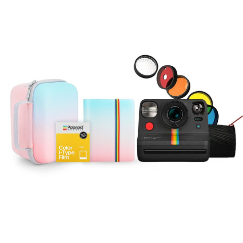 Набор камера моментальной печати Polaroid Now + (Black), cумка-чехол, фотоальбом (розово-голубой), фотопленка 8 шт